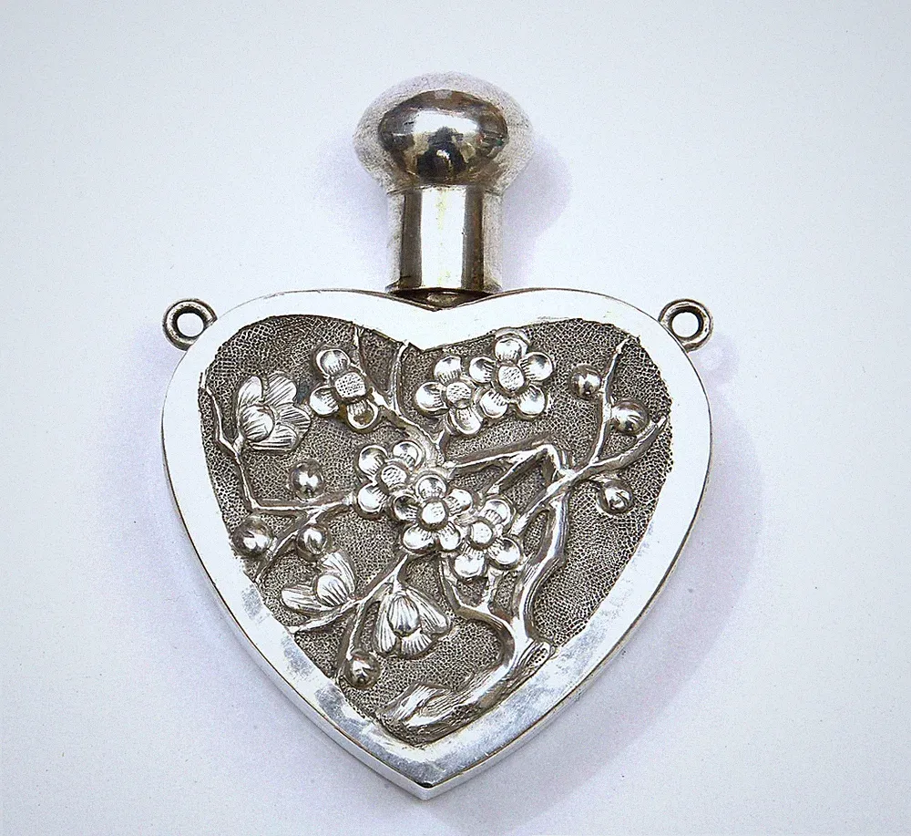 1900's Chinese Solid Silver Repousse Perfume Bottle Pendant Plum Blossom Bamboo