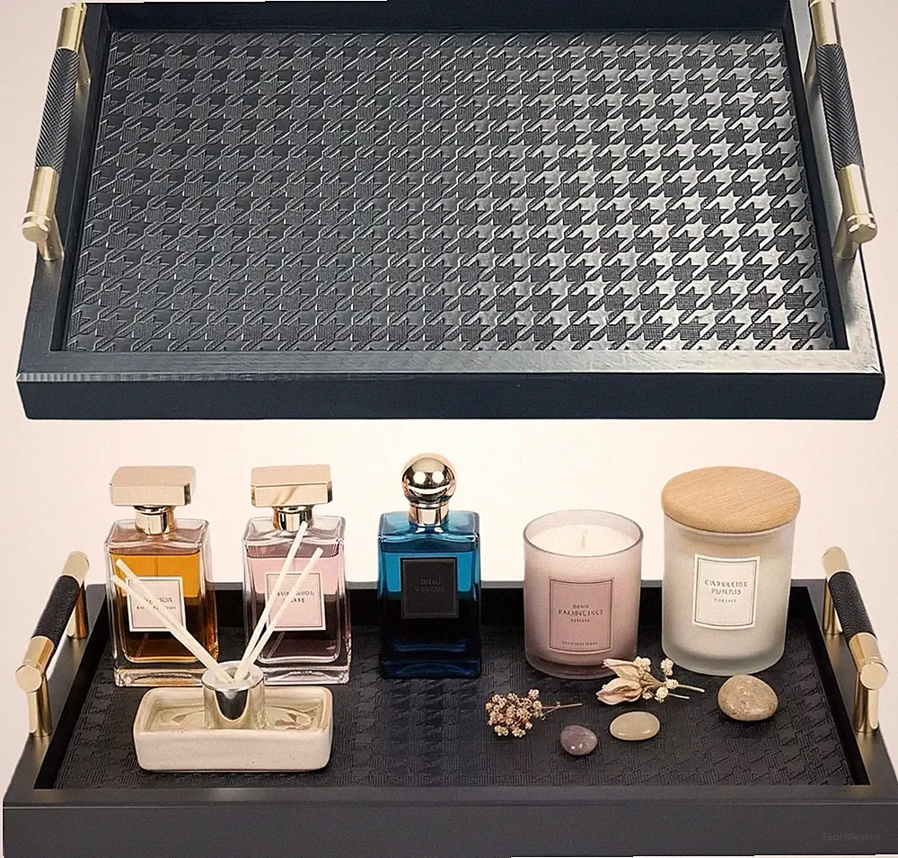 Bamboo Vanity Tray for Dresser -13.4"X8.7" Cologne Tray with Handles, Black Gold