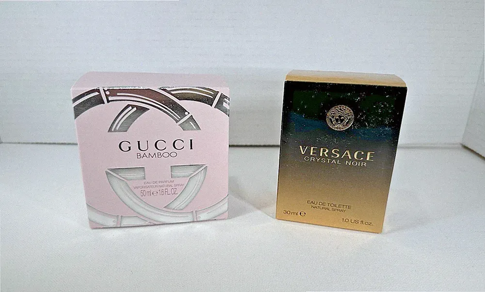 Perfume EMPTY Boxes 2 boxes designer Versace Crystal Noir And Gucci Bamboo