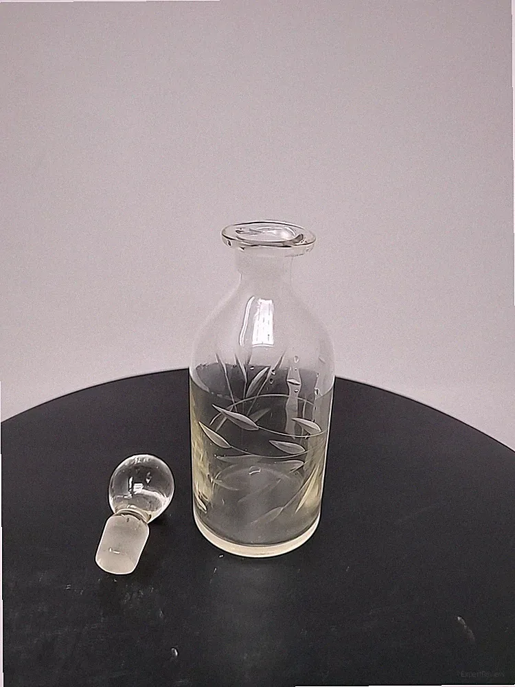 Vintage Etched Glass Perfume Bottle w Bamboo Design + Spherical Stopper